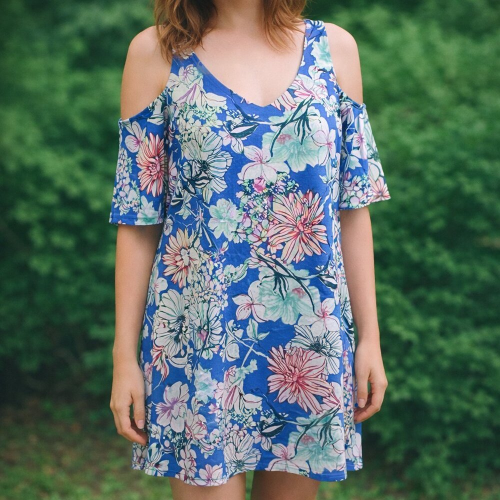 Bobeau Cold Shoulder Floral Blue Pink Dress Sz. L